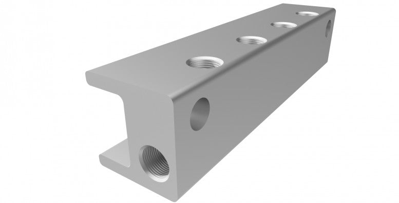 6 outlet aluminium manifold (front mount, wide spacing)
